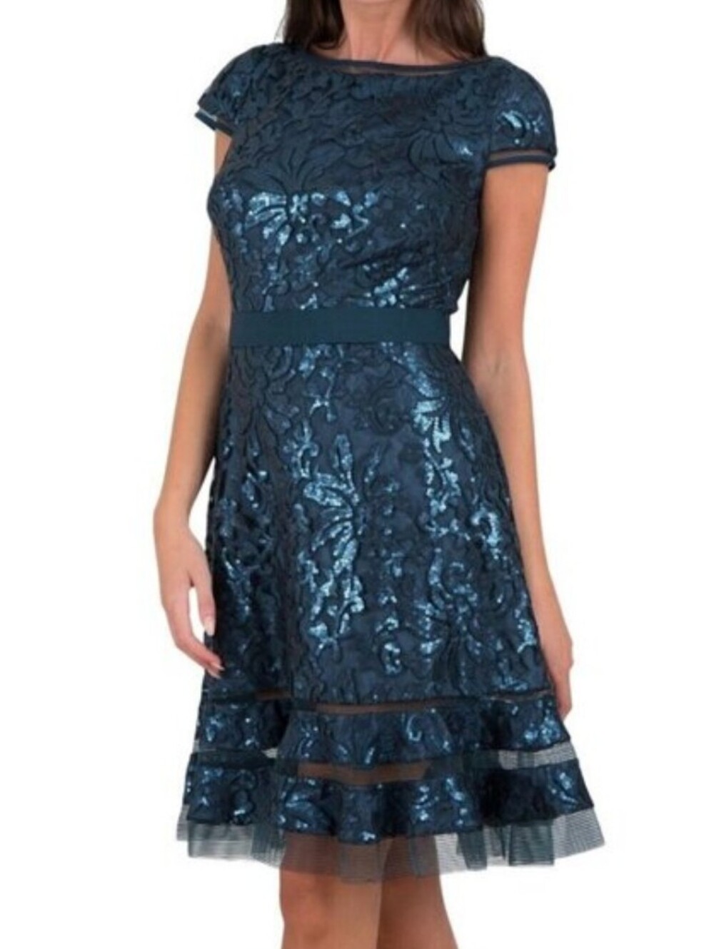 Tadashi Shoji Teal Sequined Fit & Flare Designer Cocktail Dress Size 10